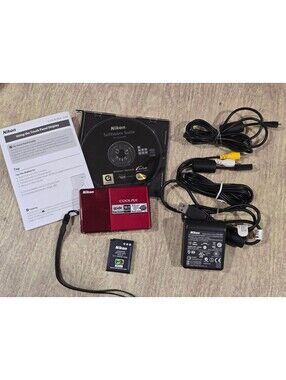 Nikon COOLPIX Digital Camera 12.1MP 3.5" Touch Screen Wide 5x Zoom Red w/ acc